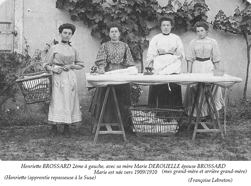 La Suze sur Sarthe - Couples et familles - BROSSARD Henriette (2ème à gauche) - DEROUELLE Marie (3ème à gauche) - Ma grand mère et mon arrière grand mère (Françoise Lebreton)